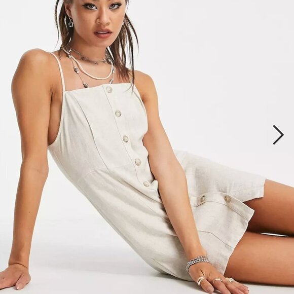 Women's 8 Topshop Linen Mini Slip Dress Button Down Spaghetti Straps Square Neck - Picture 2 of 10
